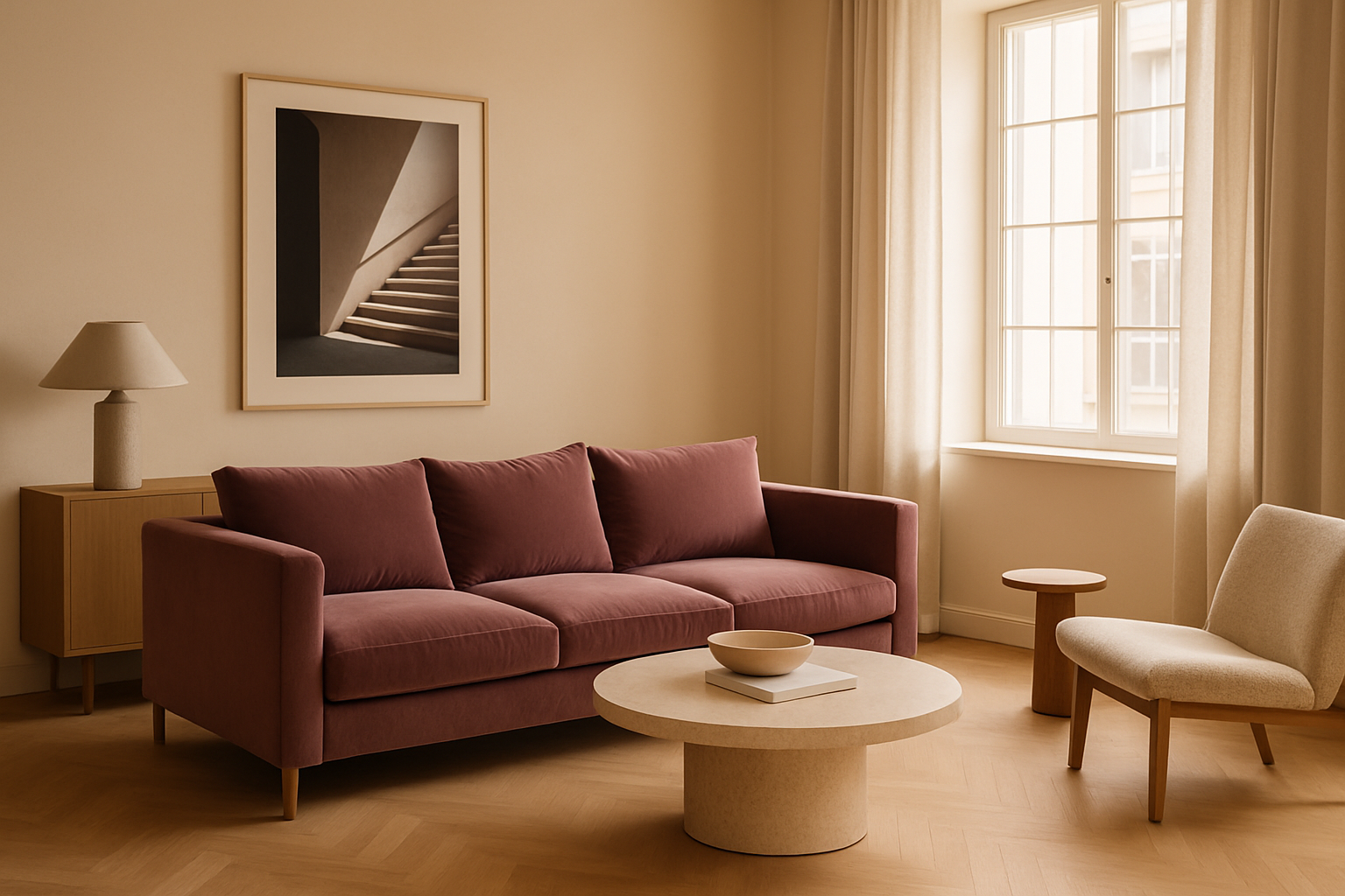 Luxury living room interior with warm tones and elegant furniture